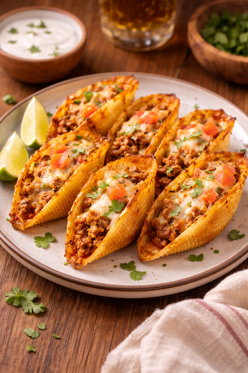 ninja crispi pasta tacos served on plate with melted cheese and meat filling