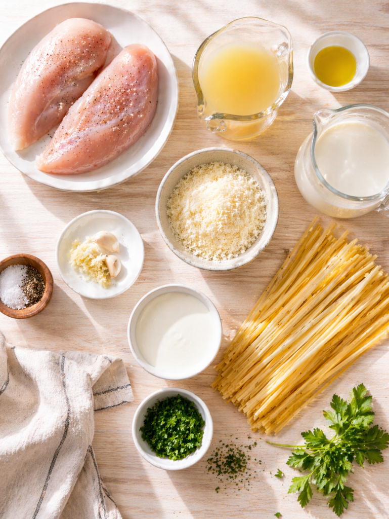 ingredients for one pot chicken alfredo pasta on light wooden table bright natural light