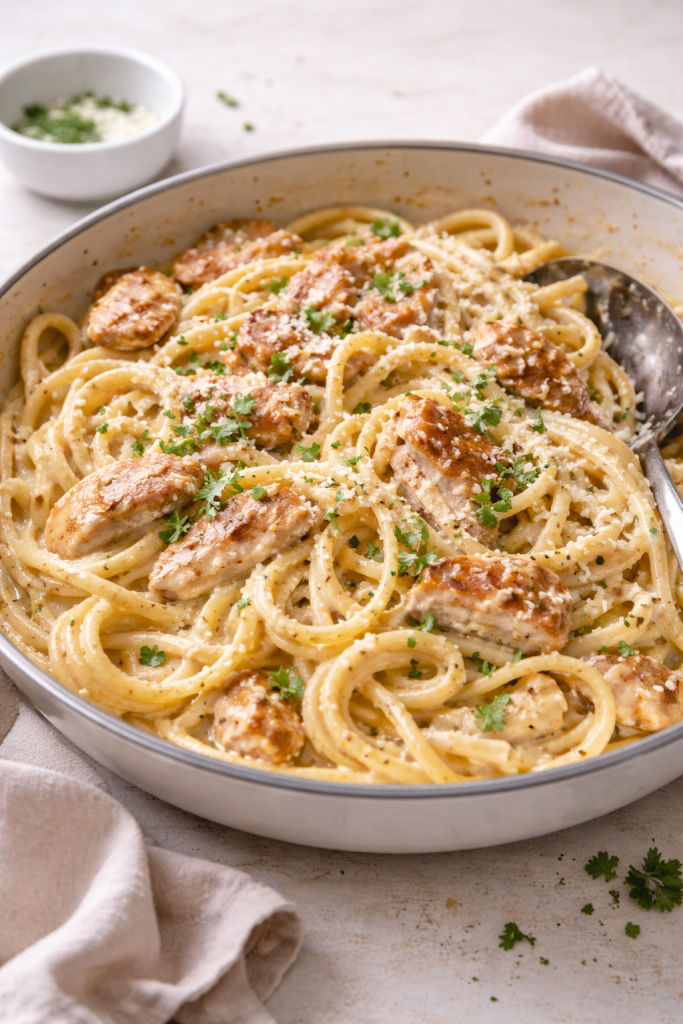 one pot chicken alfredo pasta served in pan with creamy sauce natural light