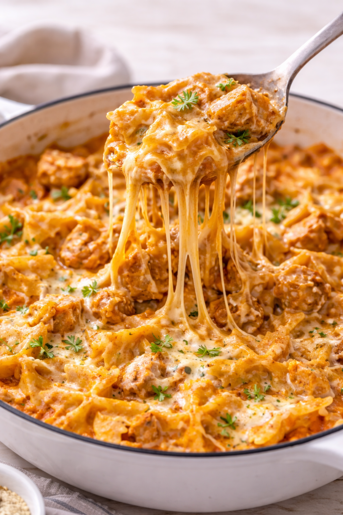 one pot chicken lasagne with melted cheese pull lifted on spoon close up