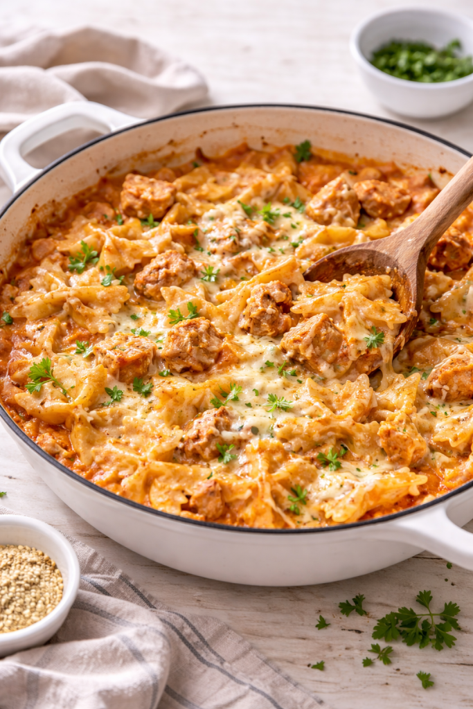 one pot chicken lasagne in skillet with melted cheese and creamy tomato sauce