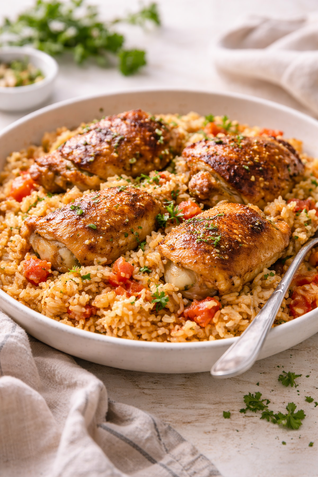 one pot chicken rice served in ceramic bowl with golden chicken and fluffy rice