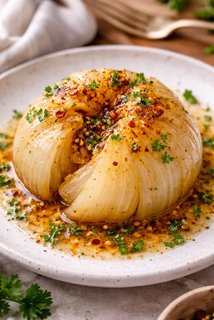 air fryer onion boil recipe served on plate with melted butter garlic and spices