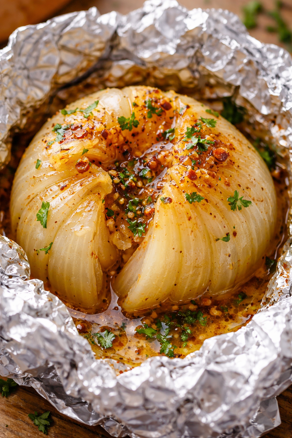 soft baked onion in foil with melted butter garlic and spices onion boil recipe