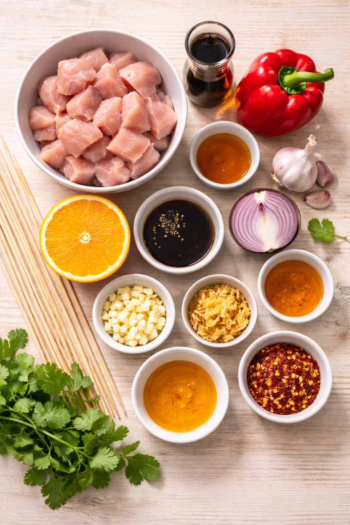 ingredients for orange soy chicken skewers arranged on light wooden table with chicken orange soy sauce garlic