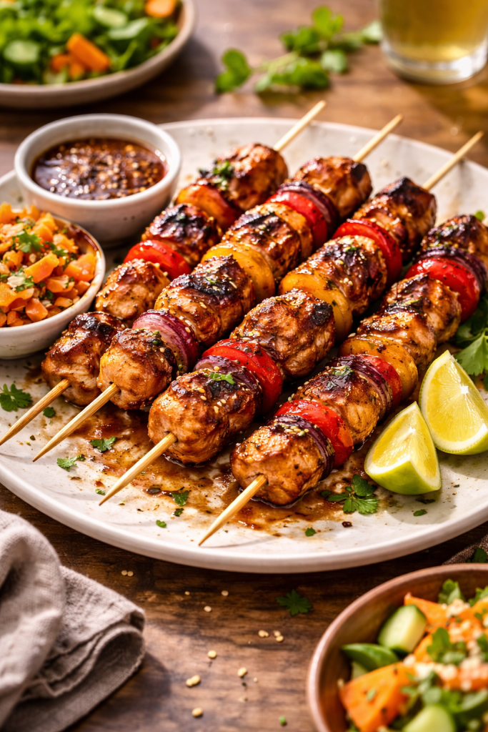 orange soy chicken skewers with vegetables served on plate with sauce and salad natural light