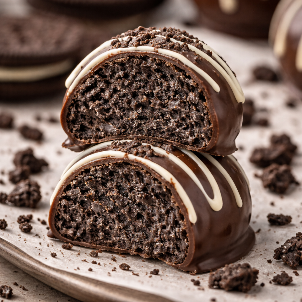 oreo balls recipe easy close up inside creamy oreo filling chocolate coating texture no bake dessert