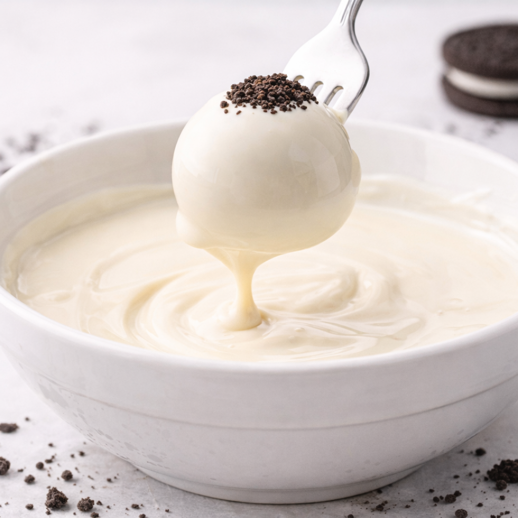 oreo balls with white chocolate being dipped smooth coating dripping white chocolate no bake dessert