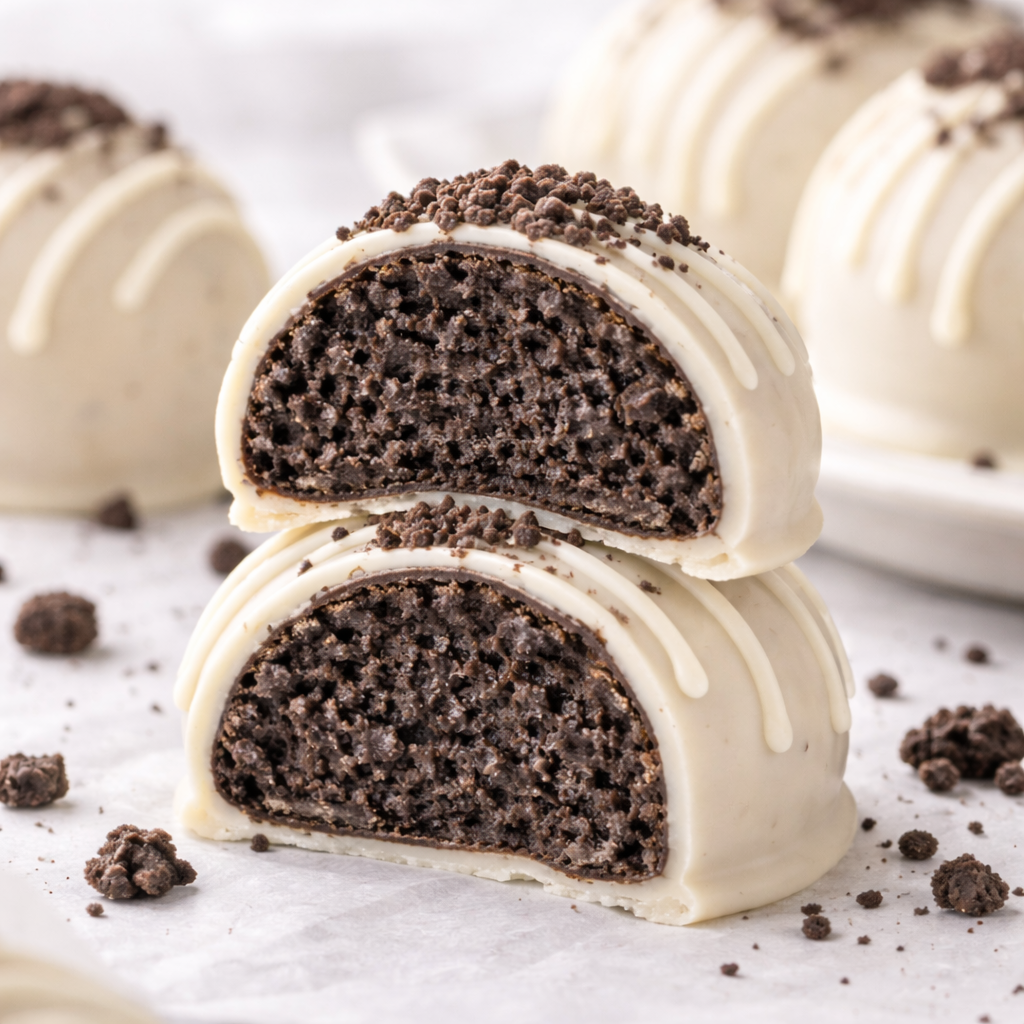 oreo balls with white chocolate coating close up inside creamy oreo filling clean white aesthetic dessert