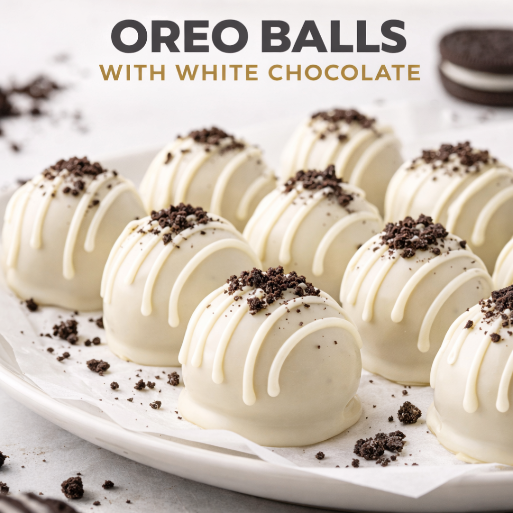 oreo balls with white chocolate coating and drizzle easy no bake dessert clean aesthetic