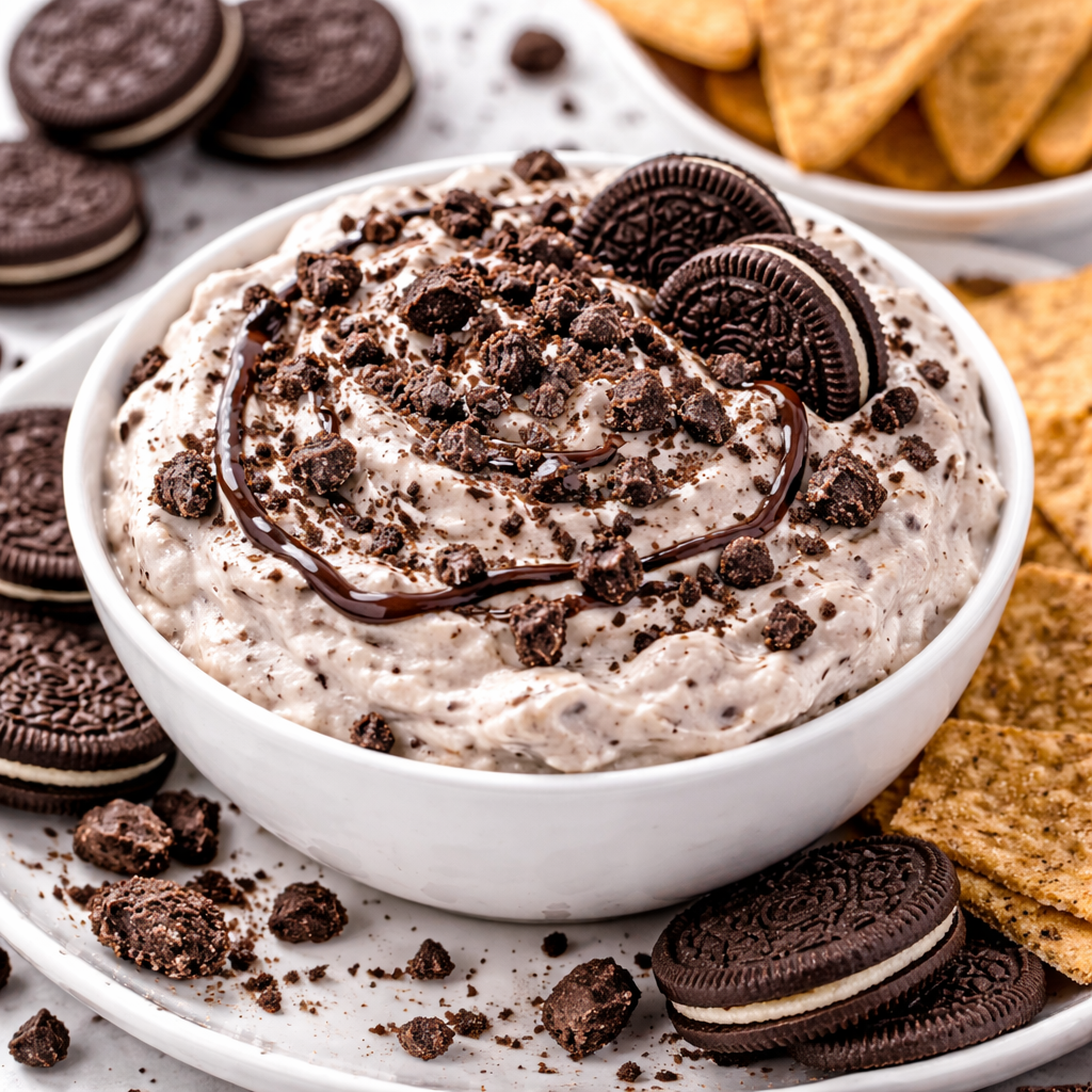 oreo dip recipe creamy cookies and cream dip with crushed oreos chocolate drizzle and cookies for dipping