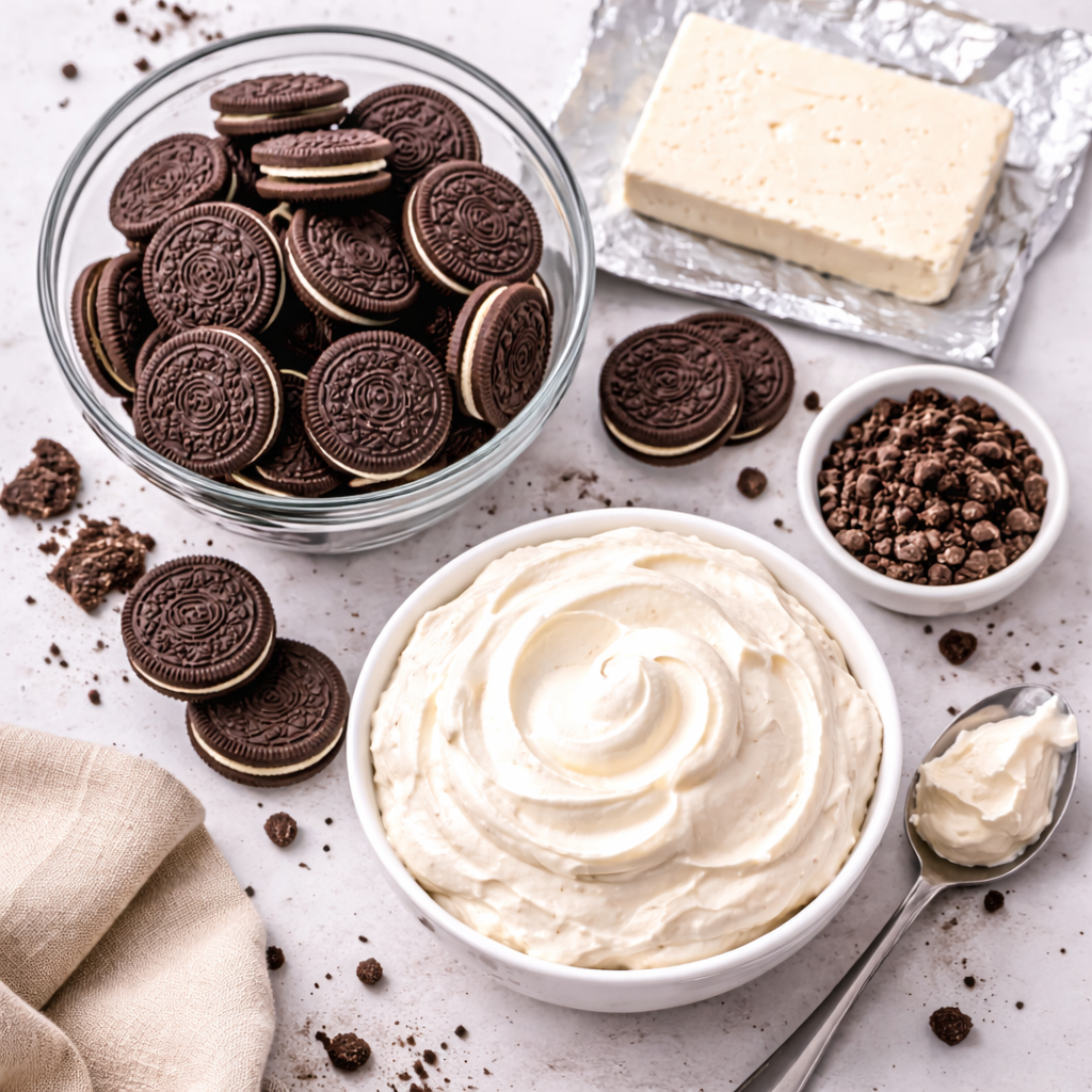 ingredients for oreo dip recipe with oreo cookies cream cheese and whipped topping messy setup
