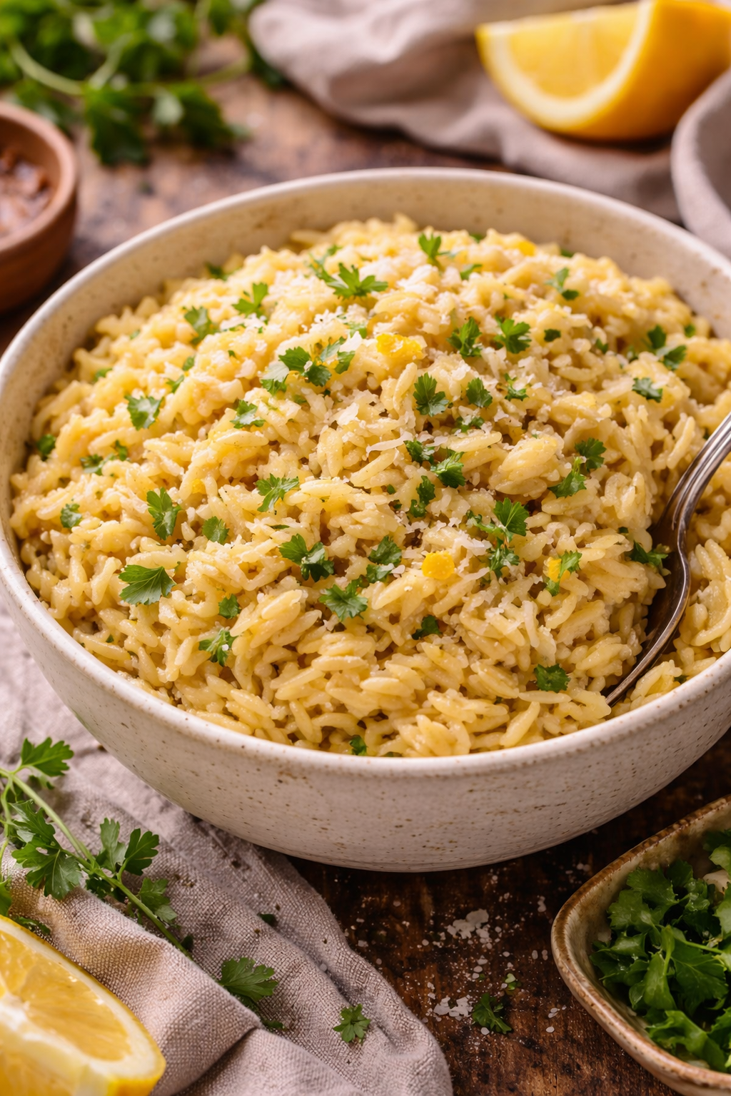 creamy orzo side dish with parmesan lemon and fresh herbs in bowl easy recipe