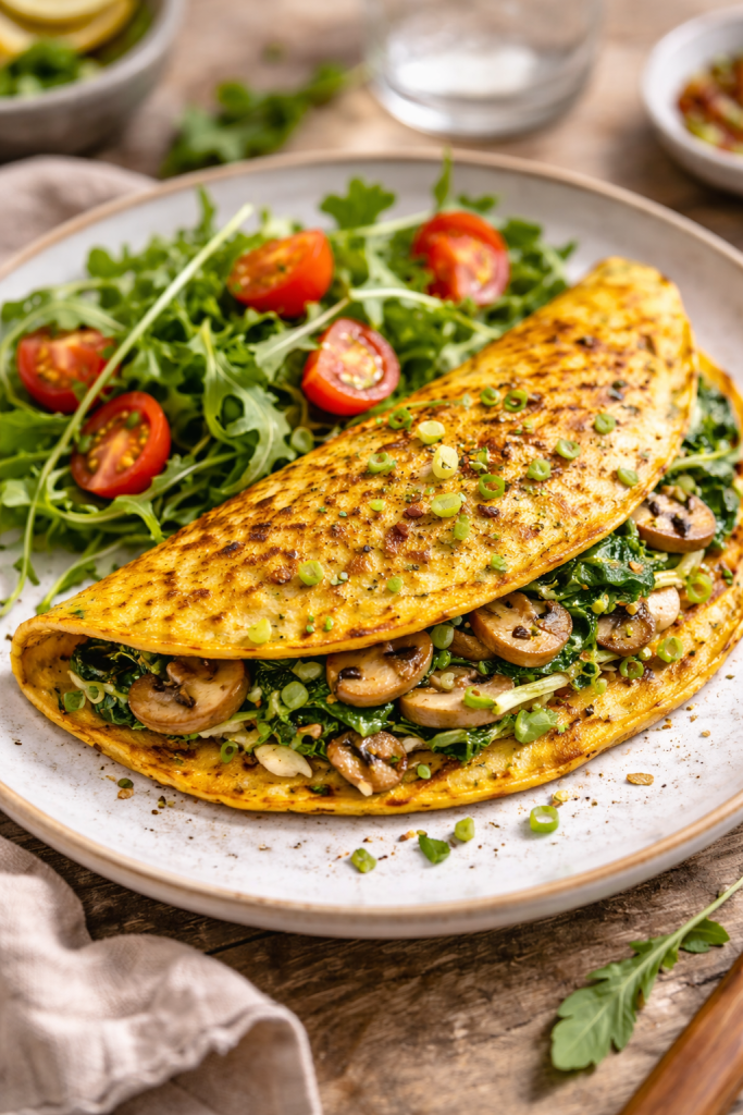 Savory tofu pancake served with arugula and cherry tomato salad on a plate, golden and crispy pancakes recipe