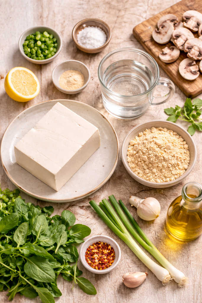 Ingredients for savory tofu pancakes recipe including tofu, chickpea flour, spinach, mushrooms, and seasonings on a wooden table