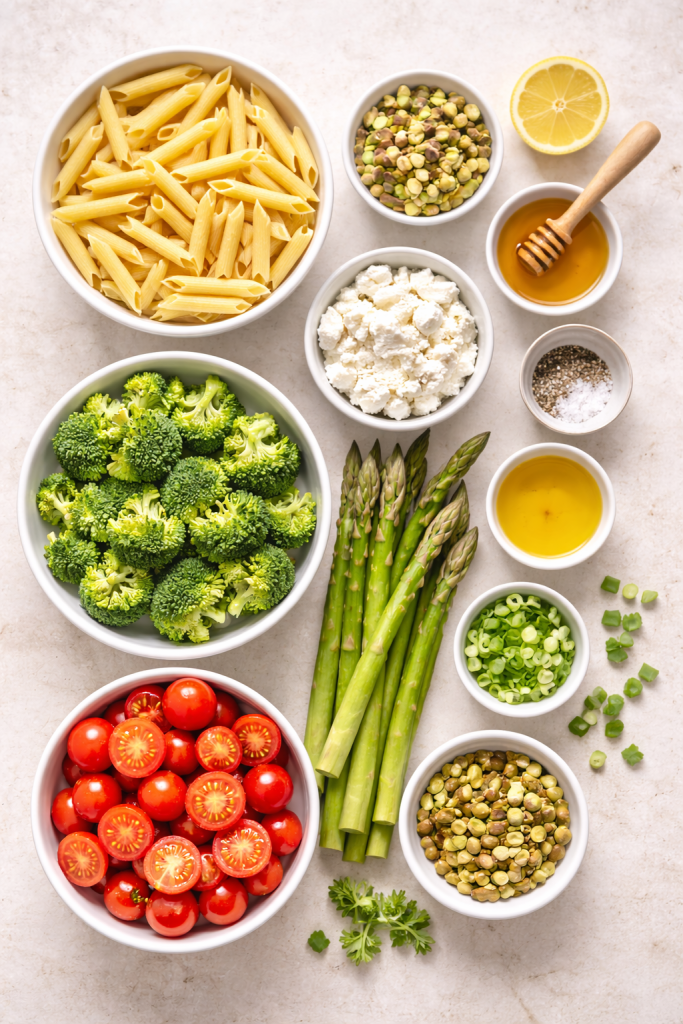 Top view of pasta salad recipe ingredients including pasta, broccoli, asparagus, cherry tomatoes, pistachios, goat cheese, and lemon on a light surface