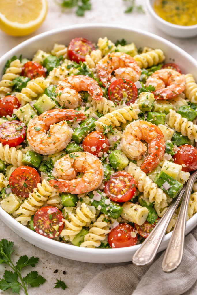 Close up of pasta salad with shrimp, cherry tomatoes, cucumber, and herbs showing texture and creamy dressing