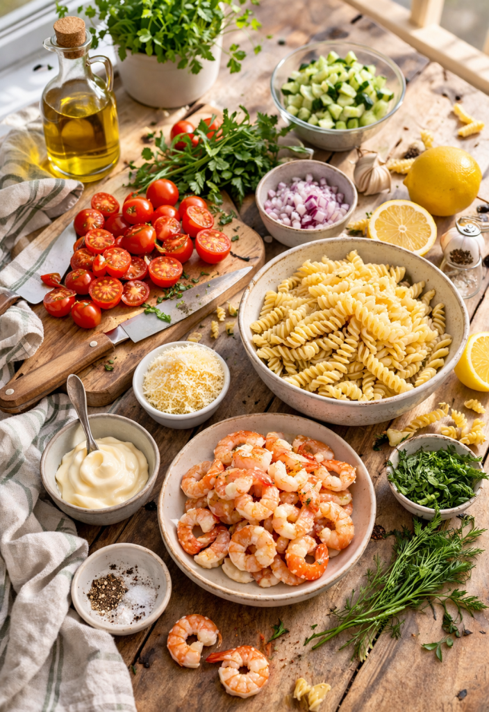 Ingredients for pasta salad with shrimp spread on a wooden table in natural light with a slightly messy, home kitchen feel