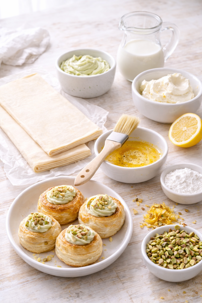 Ingredients for pistachio cream rolls arranged on a light wooden kitchen counter with puff pastry, mascarpone and pistachios