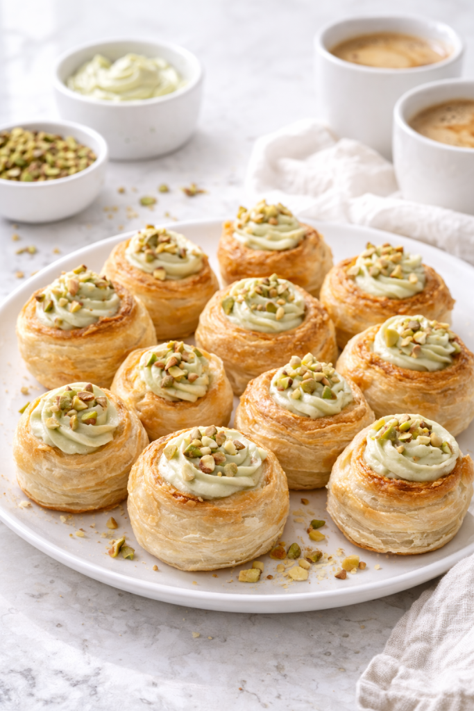 Puff pastry rolls filled with pistachio cream topped with chopped pistachios on a bright background