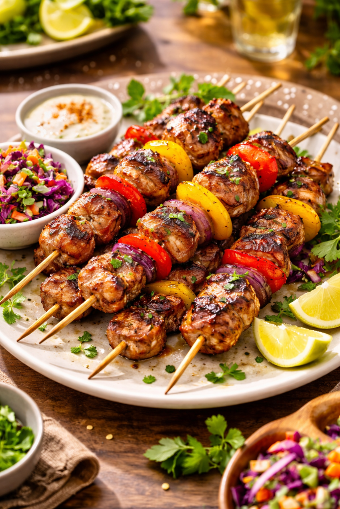 grilled pork skewers with vegetables served on plate with salad and sauce
