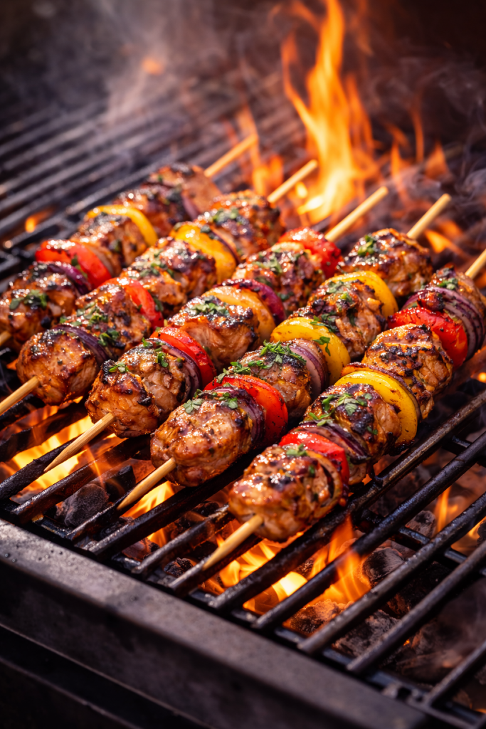 pork skewers grilling over open flame with vegetables and charred edges