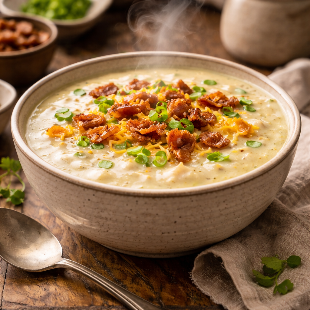 potato soup in crock pot recipe creamy potato soup with bacon cheddar and green onions steaming bowl