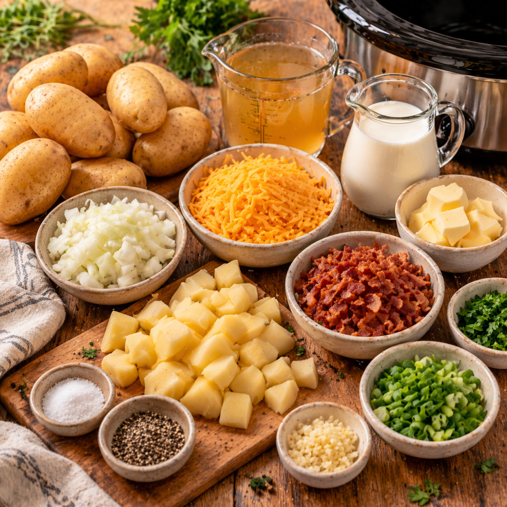 ingredients for potato soup in crock pot recipe with potatoes cheddar bacon cream broth and onions