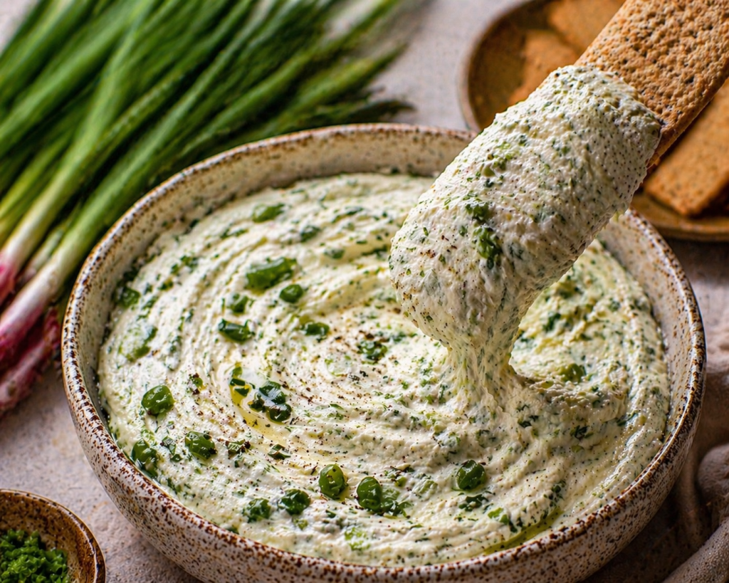Cracker lifting creamy ramp dip from a rustic bowl, showing thick smooth texture with green flecks