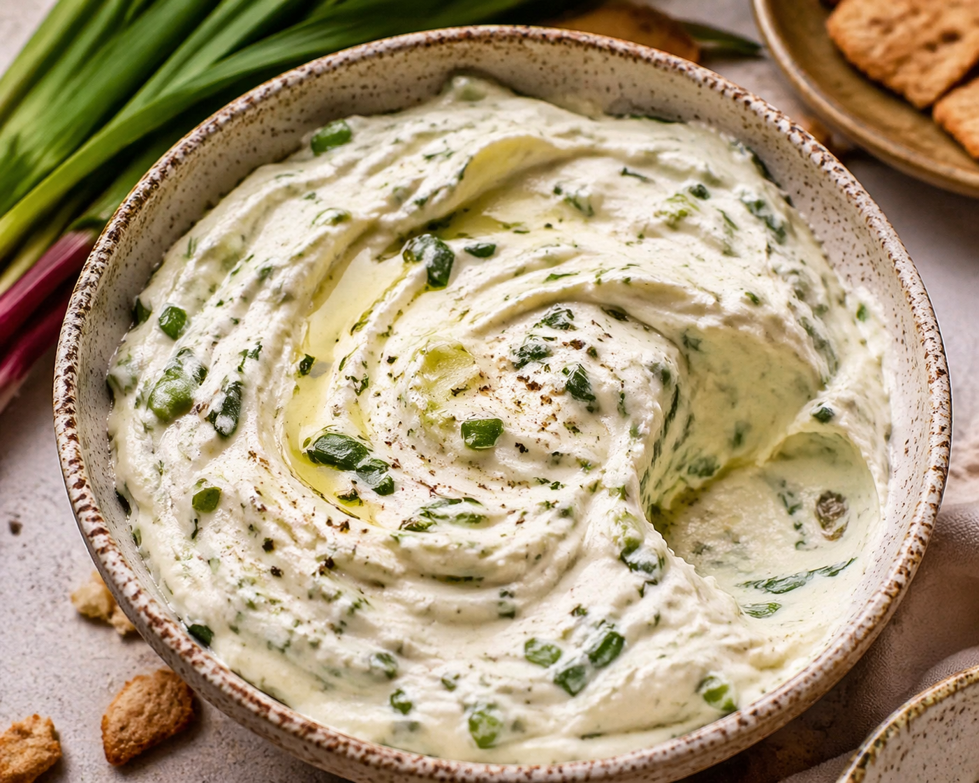 Creamy ramp dip with wild garlic in a rustic bowl, smooth texture with green flecks