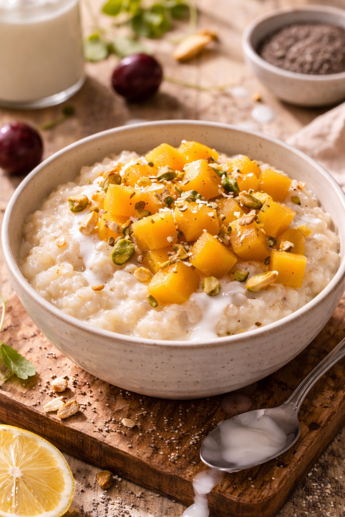 creamy rice pudding with mango and milk drizzle easy dessert recipe