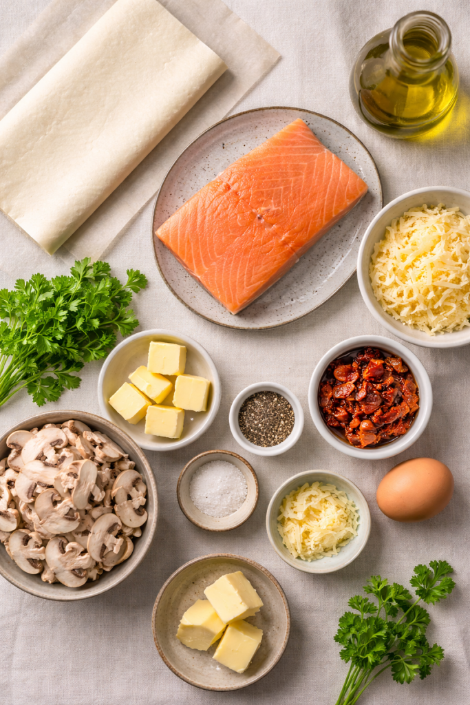 Ingredients for salmon in puff pastry including fresh salmon fillet, mushrooms, sun-dried tomatoes, cheese and puff pastry on a linen cloth