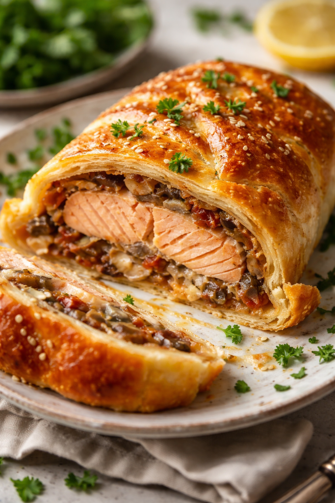 Salmon in puff pastry with mushrooms and sun-dried tomatoes, sliced to show flaky crust and juicy baked salmon inside