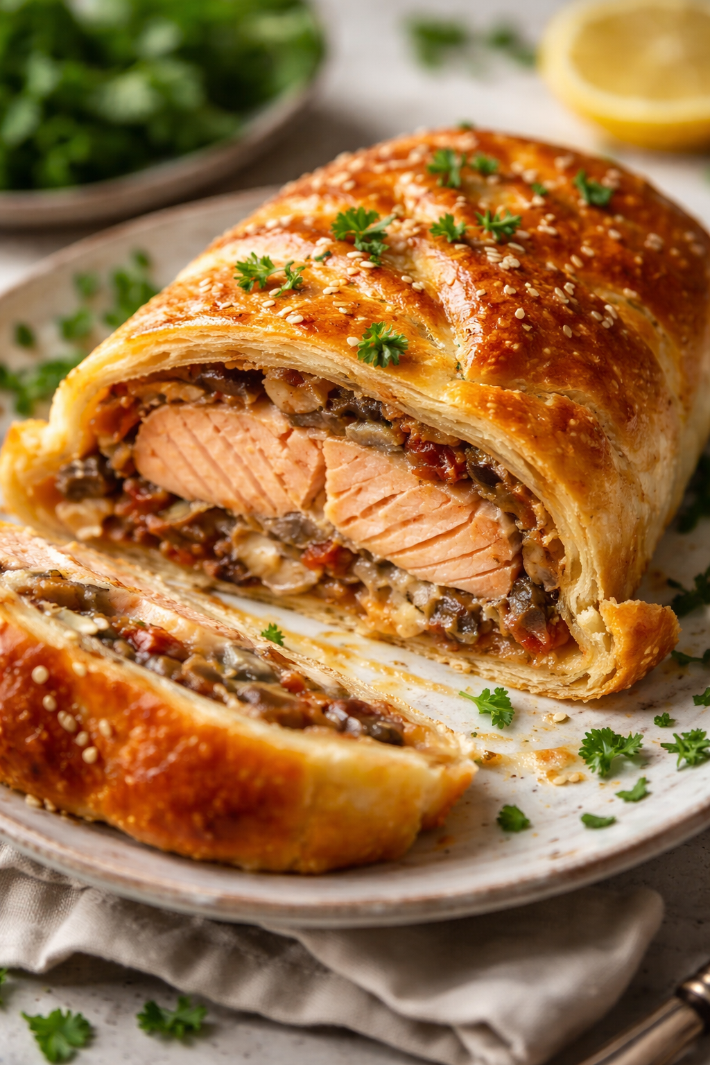 Salmon in puff pastry with mushrooms and sun-dried tomatoes, sliced to show flaky crust and juicy baked salmon inside