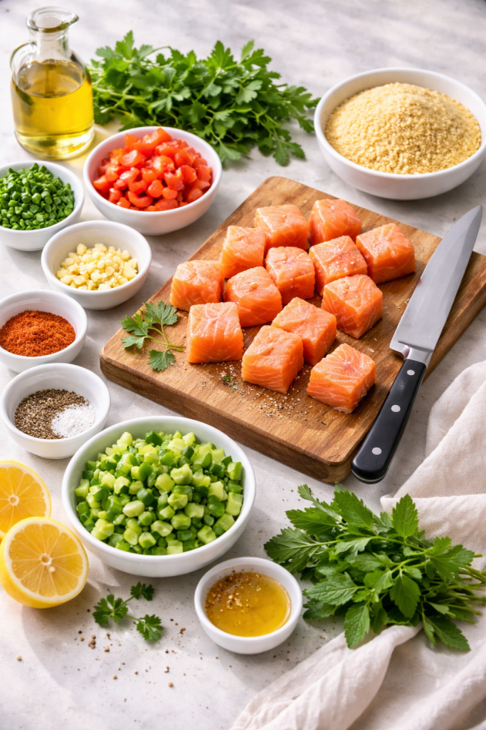 Ingredients for salmon skewers and tabbouleh arranged next to a cutting board and knife in a natural kitchen setting
