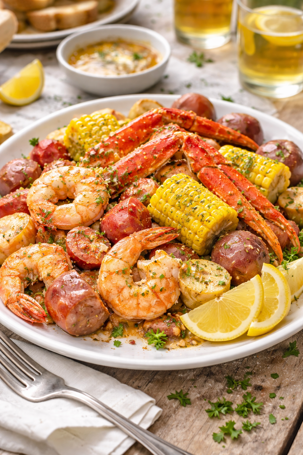 Seafood boil served on a plate with shrimp, crab legs, corn, potatoes, sausage, and lemon wedges