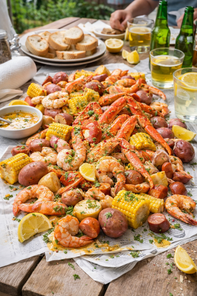 Seafood boil spread on a table with shrimp, crab, corn, potatoes, bread, and drinks in a casual gathering setting