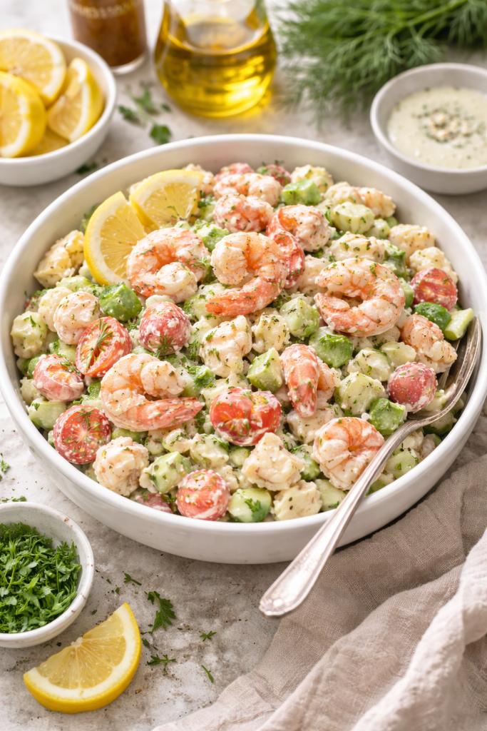 Seafood salad recipe with shrimp, crab, cherry tomatoes, and creamy dressing served in a bowl with lemon and herbs