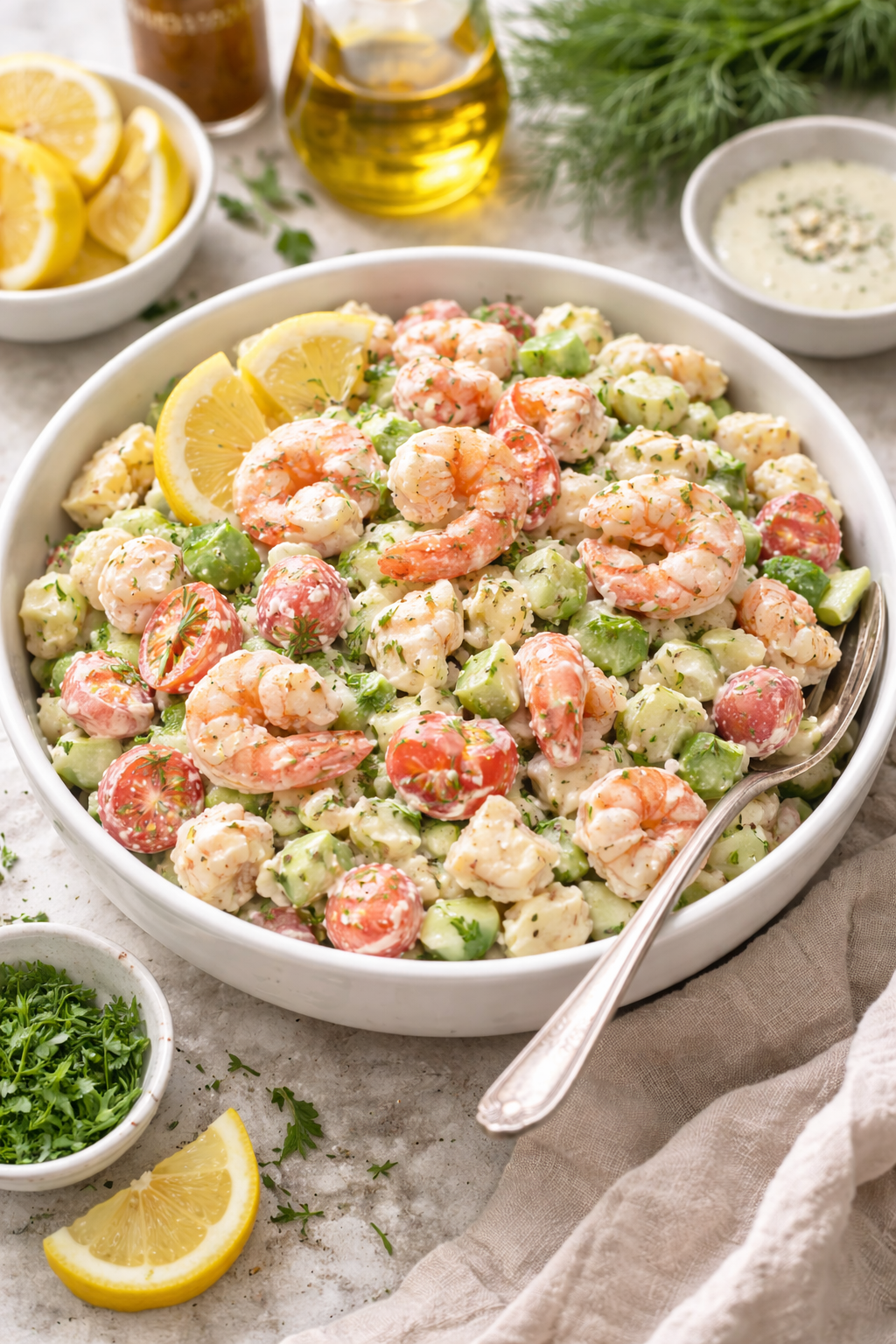Seafood salad recipe with shrimp, crab, cherry tomatoes, and creamy dressing served in a bowl with lemon and herbs