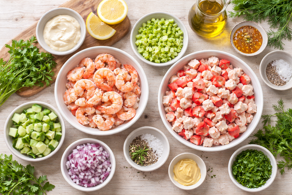 Ingredients for seafood salad recipe including shrimp, crab, celery, onion, lemon, herbs, and creamy dressing on a light wooden table