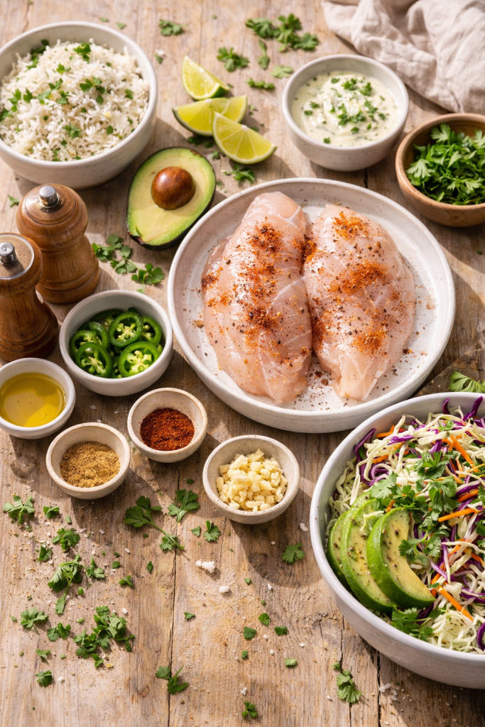 ingredients for skinnytaste fish taco bowls with white fish cabbage avocado lime and spices on wooden table