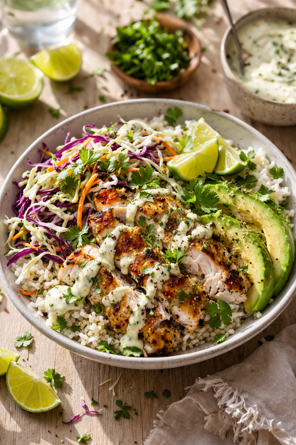 skinnytaste fish taco bowls with cabbage slaw avocado rice and creamy lime sauce healthy recipe