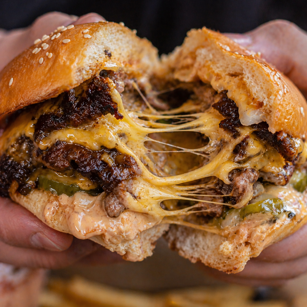 juicy smash burger being pulled apart with melted cheese stretch and crispy beef edges inside soft bun