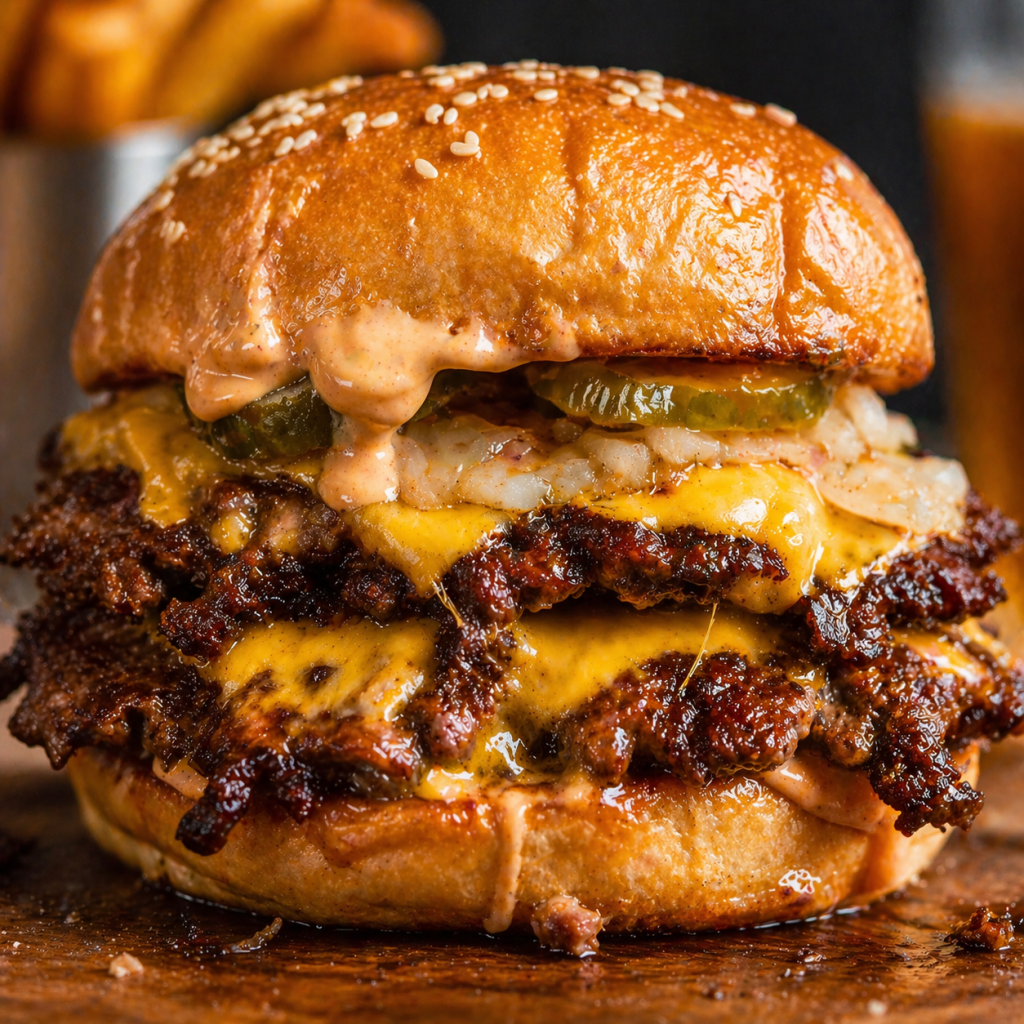 juicy double smash burger with melted cheese crispy edges and sauce dripping from soft toasted bun