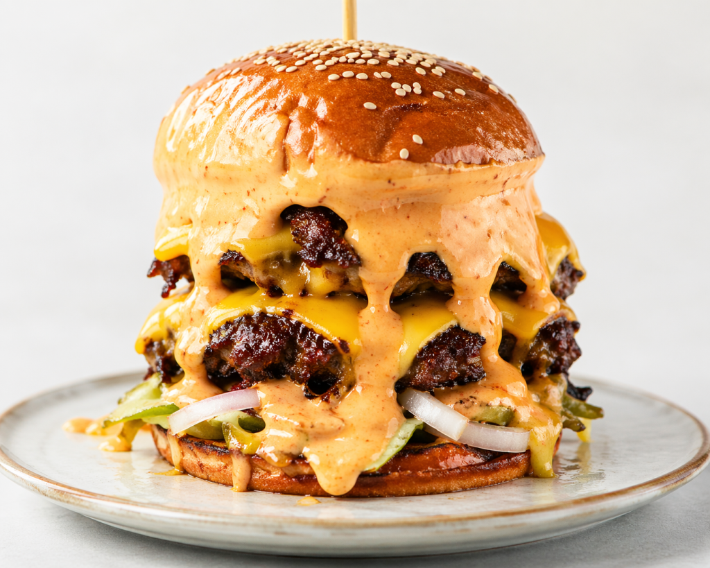 double smash burger with creamy sauce dripping heavily over melted cheese and crispy beef patties