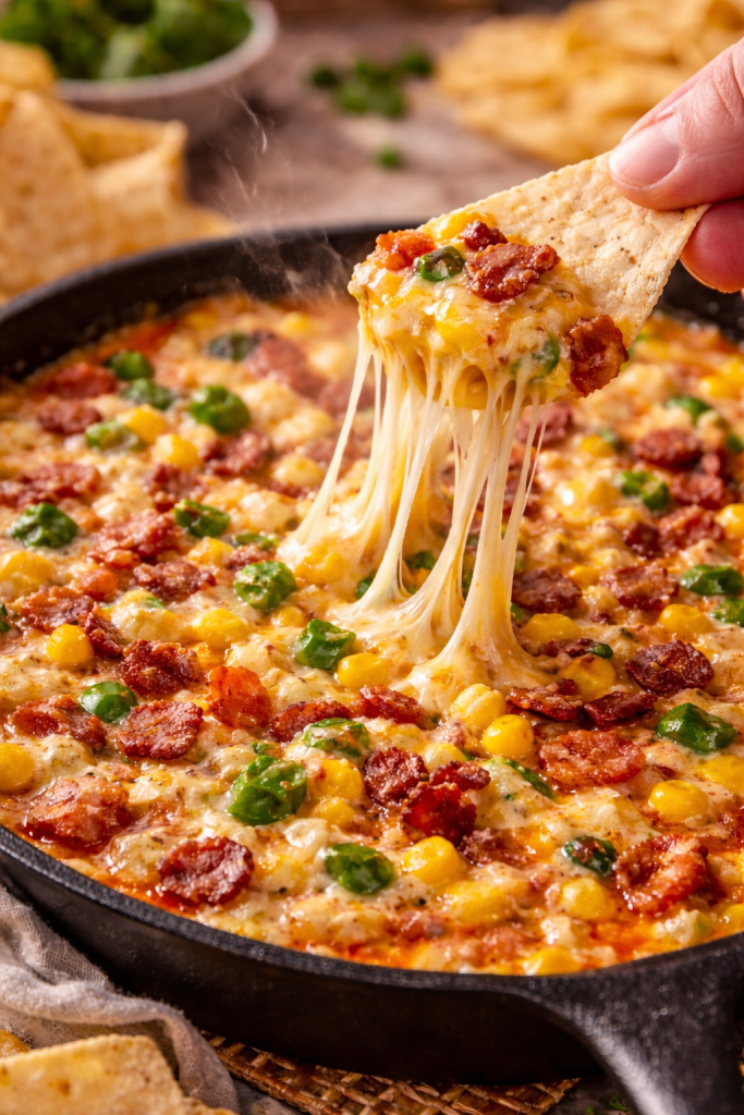 Tortilla chip dipping into smoked creamy corn dip with bacon and melted cheese stretch