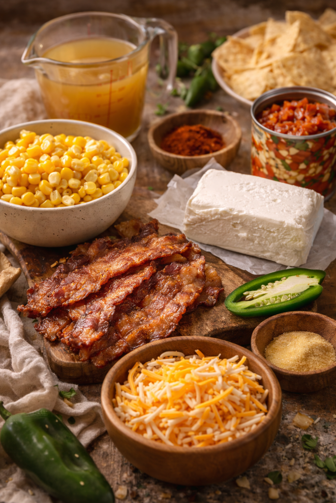Ingredients for smoked creamy corn dip with bacon including corn, crispy bacon, cheese, jalapeños and cream cheese on a rustic table