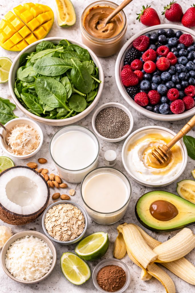 Healthy smoothie ingredients including spinach, berries, banana, almond milk, chia seeds, and yogurt arranged on a table