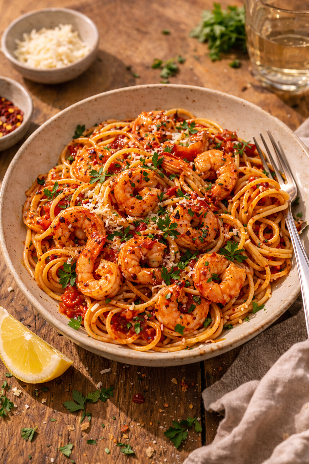 spicy chilli prawn pasta in bowl on wooden table with parmesan parsley and chili flakes