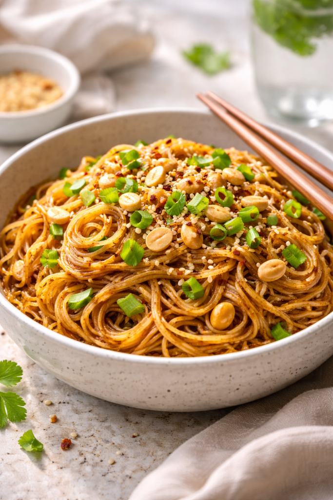 Spicy garlic ramen noodles in a bowl with green onions, peanuts and sesame seeds, served in natural soft light